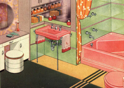 Salle de bain « Stanleigh » — appareils Corallin sur verre structurel jade (catalogue American Standard, 1940)
