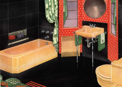 Salle de bain « Stanwild » — appareils Ivoire de Medici, tenture à pois et turquoise (catalogue American Standard, 1940)