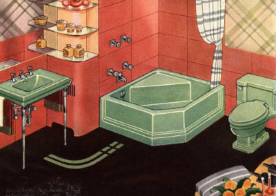 Salle de bain « Stancrest » — baignoire d'angle Neo-Angle en Ming Green, verre structurel suntan, linoléum aubergine (American Standard, 1940)