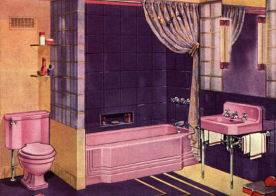 Salle de bain « Stancourt » — appareils Orchid of Vincennes, carrelage bleu profond et jaune citron pâle (American Standard, 1940)