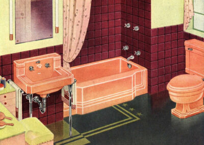Salle de bain « Stanview » — appareils Persian Brown, carrelage dubonnet et vert froid (catalogue American Standard, 1940)