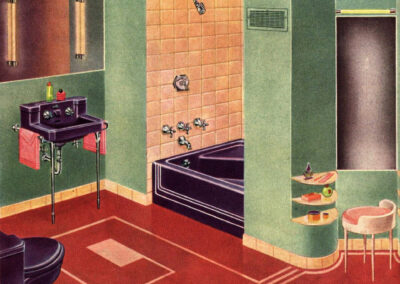Salle de bain « Standale » — appareils Royal Copenhagen Blue, carrelage ivoire, linoléum corail (catalogue American Standard, 1940)
