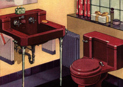 Salle de bain « Stantone » — lavabo et cuvette T'ang Red, jaune citron et bleus (catalogue American Standard, 1940)