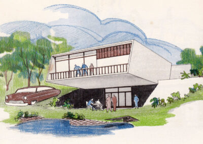 Maison sur pilotis au-dessus d'un bassin, terrasse couverte et automobile — Sugestões : arquitetura e decoração, São Paulo, 1956