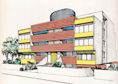 Immeuble de rapport à panneaux jaunes et corail, réservoir cylindrique en toiture — Sugestões : arquitetura e decoração, São Paulo, 1956