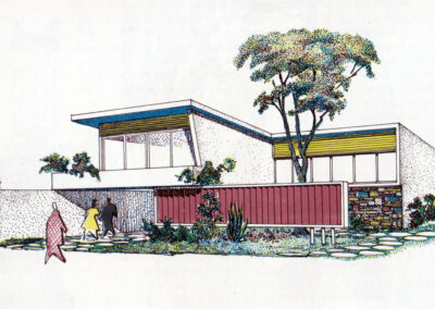Maison basse à toiture papillon, mur de pierre et jardin planté — Sugestões : arquitetura e decoração, São Paulo, 1956