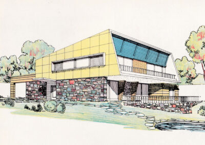Maison à toiture inclinée jaune sur soubassement de pierre — Sugestões : arquitetura e decoração, São Paulo, 1956