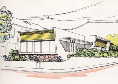 Maison de coteau à deux volumes décalés, esquisse à la ligne — Sugestões : arquitetura e decoração, São Paulo, 1956