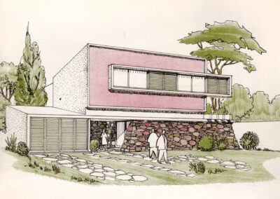 Maison à bandeau rose sur socle de pierre, allée de dalles — Sugestões : arquitetura e decoração, São Paulo, 1956