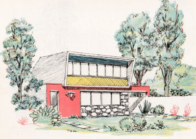 Petite maison à toiture inclinée, mur rouge et jardin arboré — Sugestões : arquitetura e decoração, São Paulo, 1956