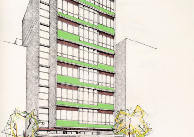 Immeuble de neuf étages à bandeaux verts et pignon aveugle — Sugestões : arquitetura e decoração, São Paulo, 1956