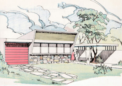 Maison à toiture papillon et garage rouge, dallage et arbres — Sugestões : arquitetura e decoração, São Paulo, 1956